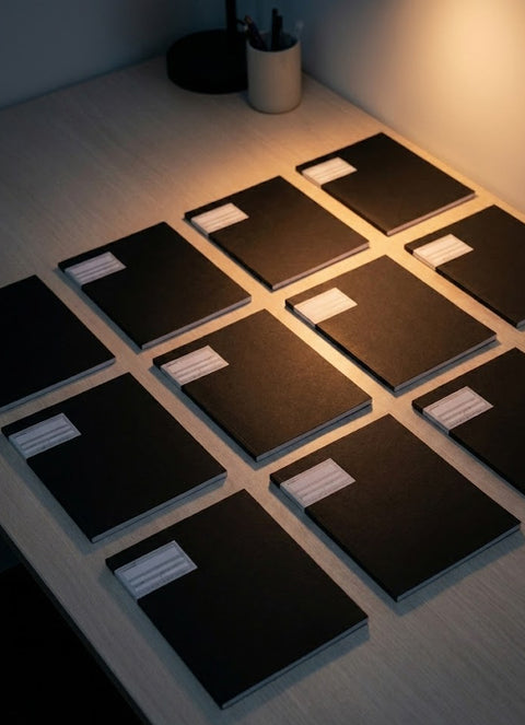 Closed black DIVIDE notebooks lying flat on a desk