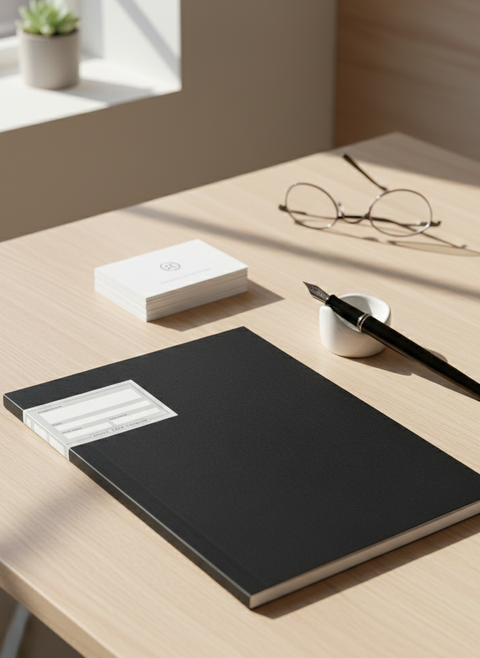 Black notebook on a light wooden desk with a pen, glasses, and small plant in the background.